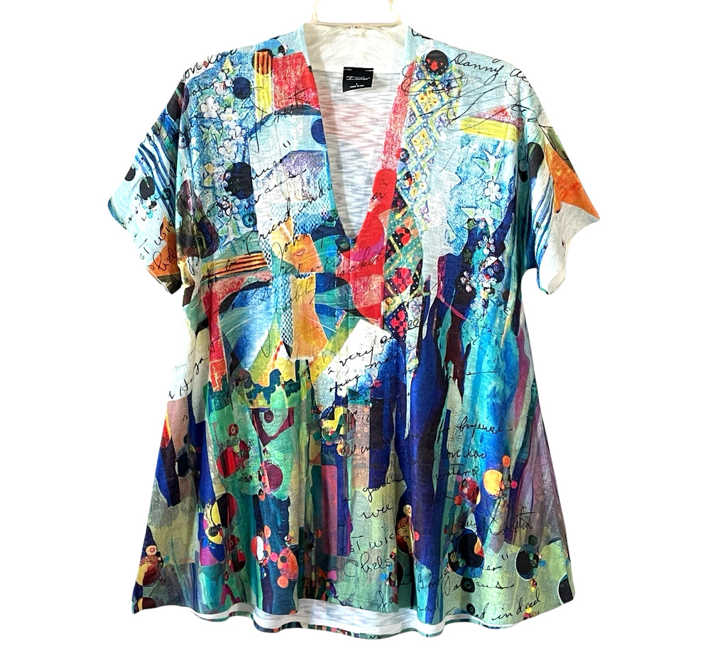INOAH Women's Size Large V-Neck Pullover Short Sleeve Wearable Art Tunic Top USA